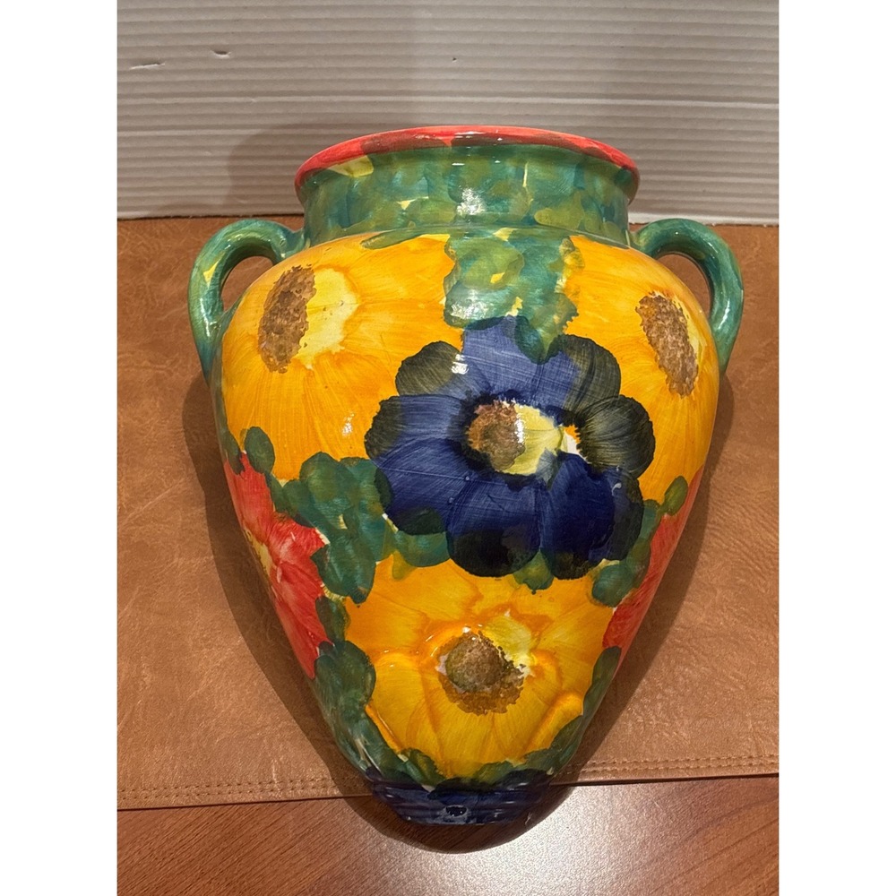 Hand Painted Ceramic Wall Pocket Vase Sunflower Floral Italian Style Pottery